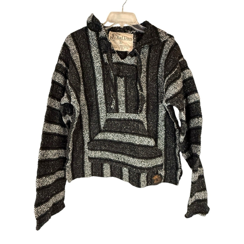 No Bad Days Baja Hoodie Large Black White Striped Pullover Surf Skater‎ Kangaroo